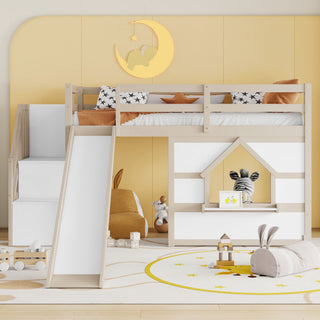 Loft Bed With Storage Stairs, Slide, Playhouse Window And 7 Colors LED Lights