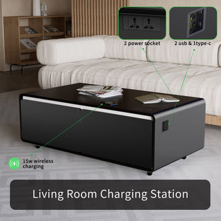 Modern Smart Coffee Table With Built-In Fridge, tooth Speaker, Wireless Charging Module, Touch Control Panel, Power Socket, USB Interface, Outlet Protection, Atmosphere Light