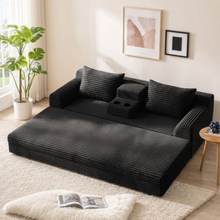 Soft Striped Convertible Sofa Bed, Dual Use Lounge Couch With Cup Holders And Pillows