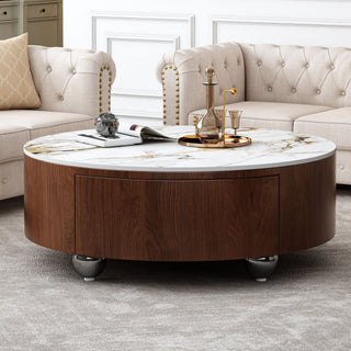 Round Coffee Table With 2 Drawers For Living Room - Walnut Brown / White / Multi