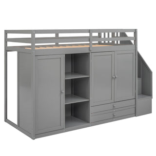 Loft Bed With 3 Shelves, 2 Wardrobes, 2 Drawers, Ladder Storage