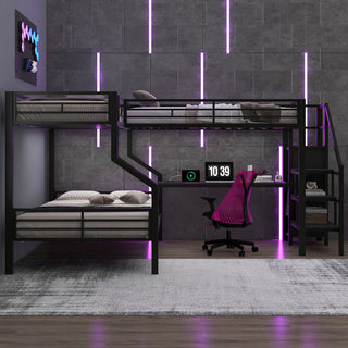 Twin Over Full L Shaped Bunk & Loft Bed With Built-In Wardrobe, Desk, And USB Ports - Black