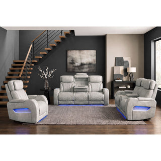 Prime Time - P3 Sofa With Ddt, 3.0 Table, 7 Colors (Led And Cup Holders), Reading Light, Vibration, Speaker, And Heat Massage - Leather Gel Light Gray