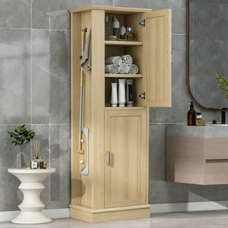 Tall Freestanding Bathroom Storage Cabinet With Adjustable Shelves And Side Hooks