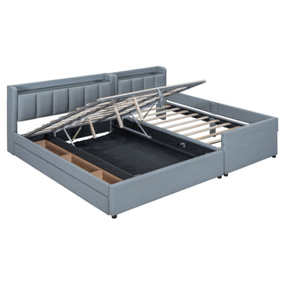 Upholstered Mother & Child Bed With Hydraulic Storage System, Drawer Box, Bedhead Storage Shelf And 2 Pairs Of Sockets & USB Ports