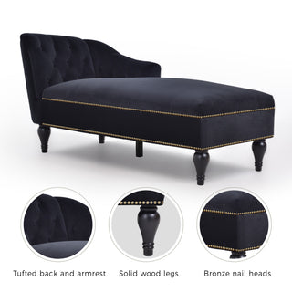 Velvet Chaise Lounge, Button Tufted Right Arm Facing Lounge Chair With Nailhead Trim For Living Room - Black