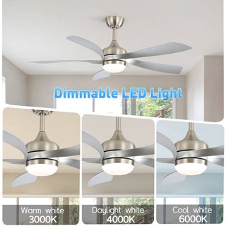 52" Ceiling Fan With Light Featuring 5 Blades Dimmable LED And Memory Function - Nickel