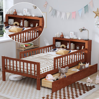 Bed With Headboard Storage Rack, 2 Under Bed Drawers, 3 Side Guardrails For Safety