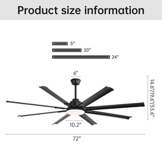 72" Large Design Ceiling Fan With Smart Remote Control, 6 Wind Speed DC Motor For Living Room - Black