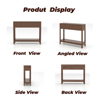 Mid-Century Modern Fluted Console Table With 2 Drawers & Open Shelf, Walnut Finish Narrow Entryway Table, Slim Sofa Table For Hallway, Living Room, Small Spaces, Easy Assembly