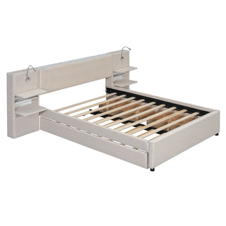 Upholstered Platform Bed With Reading Lights, Drawers, Trundle And Shelves