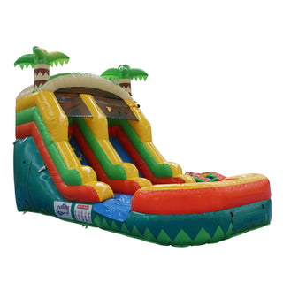 20Ft X 10Ft Inflatable Water Slide For Kids, 2 In 1 Wet & Dry Tropical Palm Tree Bounce House With Blower, Outdoor - Green