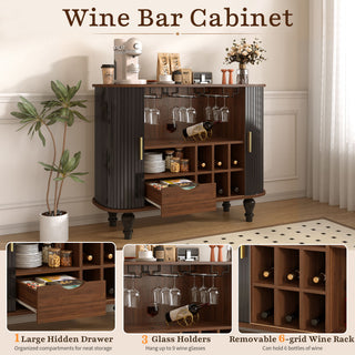 Fluted Liquor & Coffee Bar Cabinet With 6 Wine Racks And 3 Glass Holders
