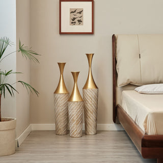 Floor Metal Vase Modern Style Decoration Home Woven Pattern Metal Vase 3 Piece Set Gorgeous Home Decoration Large Glazed Metal Vase - Champagne