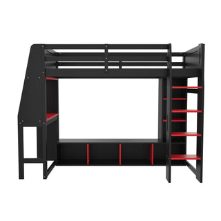 Gaming Loft Bed With Desk, Multi Storage Shelves, LED Lighting, And Hanging Clothes Rack