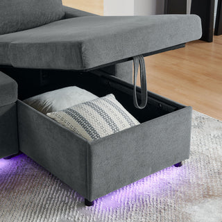 Multi Functional Pull Out Bed Sofa With Retractable Table, LED Lighting, USB Charging Ports & Cup Holders