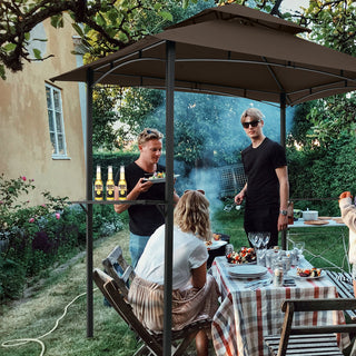 Outdoor Grill Gazebo With Double Tier Soft Top Canopy, Steel Frame, Bar Counters & Hook
