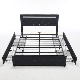 Upholstered Bed Frame With LED Lights, 4 Storage Drawers, Charging Station