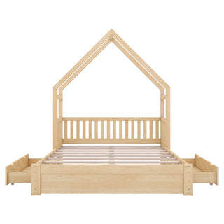 House Style Platform Bed With Guardrail And 2 Drawers