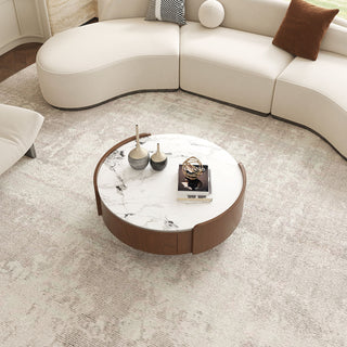 Round Coffee Table With Ball Feet, Dual Storage Drawers For Living Room - Walnut Brown