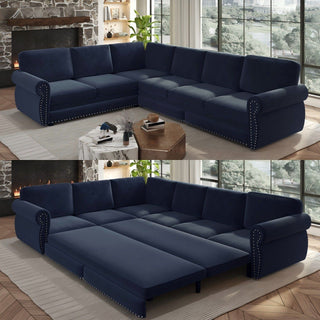 L-Shaped Sofa Couch With Pull Out Bed With Nailhead Trim & Rolled Arm