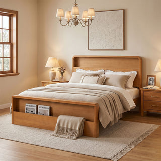 Queen Bed Frame With Dual Open Storage Headboard And Footboard, No Box Spring Needed - Light Brown