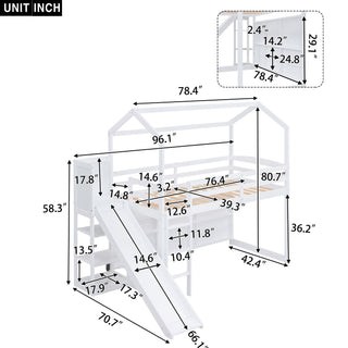 House Loft Bed With Slide, Storage Shelves And Light, Climbing Ramp