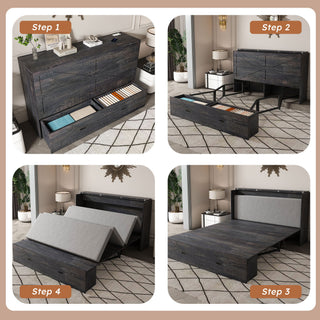 Full Murphy Bed With Storage Drawers, Charging Station, Foldable Panels, And Silent Swivel Wheels