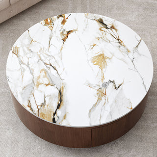 Round Coffee Table With 2 Drawers For Living Room - Walnut Brown / White / Multi
