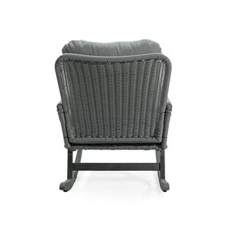 Modern 3 Piece Outdoor Seating Set With Cushioned Rattan Rocking Chairs And Wooden Accent Table