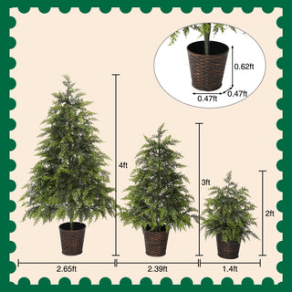 3 Piece Pre Lit Christmas Tree Set With Warm Glowing LED Lights, Sturdy Potted Base, Full Cascading Branches - Green