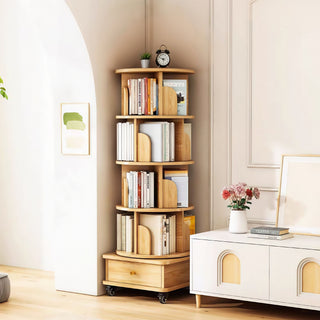 Rotating Bookshelf With Wheels And Drawer, 360° Spinning Design, Space Saving Storage