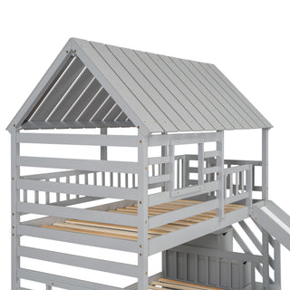 House Bunk Bed With Trundle, Storage Staircase, Roof And Window Design
