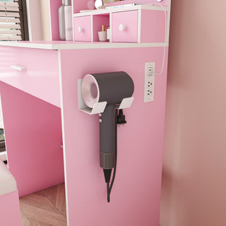 Vanity Table With Mirror, Adjustable LED Lights, Power Outlet, Hairdryer Holder & Stool
