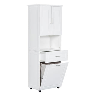 Tall Bathroom Cabinet With Tilt-Out Laundry Basket And Upper Storage