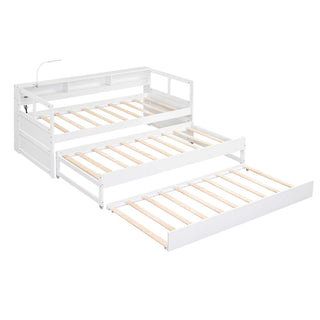 Daybed With 2 Trundles, 3 Storage Cubbies, Built In USB Charging Light