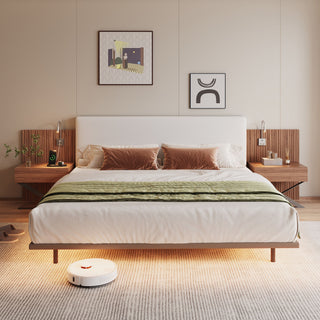 Floating King Size Bed With Integrated Side Tables And Smart Lighting - Beige Gray / White