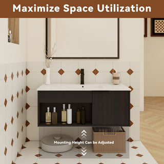 Wall Mounted Floating Bathroom Vanity With Open Shelf & Soft Close Door