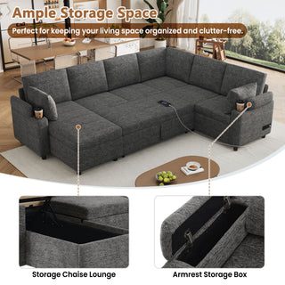 U-Shaped Sectional Sleeper Sofa With Ample Storage Space, 2 Cup Holders And Charging Ports For Living Room