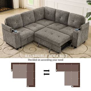 5 Seat Reversible L - Shaped Sleeper Sofa, Pull Out Convertible Sectional Couch With Storage, USB C - Charger, Cup Holders Modular Sofa Bed - Gray