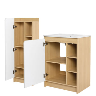 24" Bathroom Vanity With Sink & Tall Bathroom Cabinet, Vanity Set With Thin Edge Sink & Interchangeable Door Panels - Black / Light Oak / White