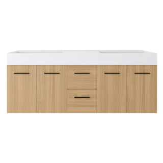 Floating Double Sink Bathroom Vanity With Drawers And Doors, Extra Large Storage, Integrated Sink, Soft Close Hardware - Glossy White / Light Oak