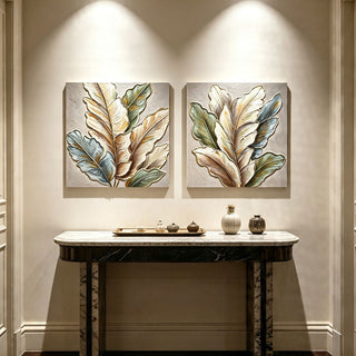 Botanical Leaf Wall Art, Textured Canvas Painting With Accents, Framed Decor For Living Room (Set of 2) - Green Leaf