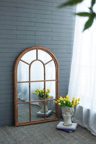 Large Arched Accent Mirror With Frame With Decorative Window Look Classic Architecture Style Solid Fir Wood Interior Decor - Brown