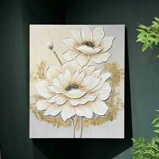 Lotus Flower Canvas Wall Art, Hand Painted Thick Textured Floral Painting With Accents, Neutral Decor For Living Room - Antique White / Gray