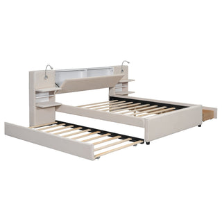 Upholstered Platform Bed With Reading Lights, Drawers, Trundle And Shelves