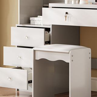 Vanity Desk Set With Sliding Lighted Mirror, 4 Drawer Makeup Dressing Table With 9 Storage Spaces, Hidden Compartments & Cushioned Stool, Beauty Furniture For Bedroom - White