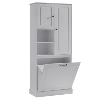Modern Tall Storage Cabinet With Adjustable Shelves, Flip-Out Basket & Enclosed Doors
