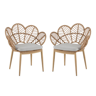 Kirk - Outdoor Wicker Peacock Shape Papasan Style Chair, Teak Finished Leg (Set of 2) - Beige / Light Brown / Light Teak