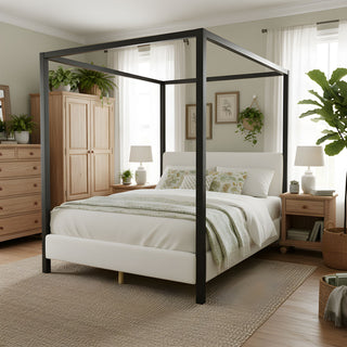 Queen Canopy Bed With Upholstery - White / Black